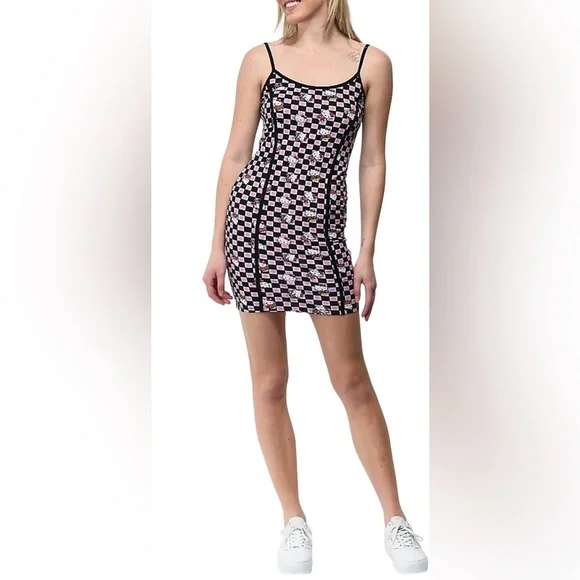 Hello Kitty x NGOrder Checkerboard Bodycon Dress Black Pink Size US 6 - Picture 2 of 9